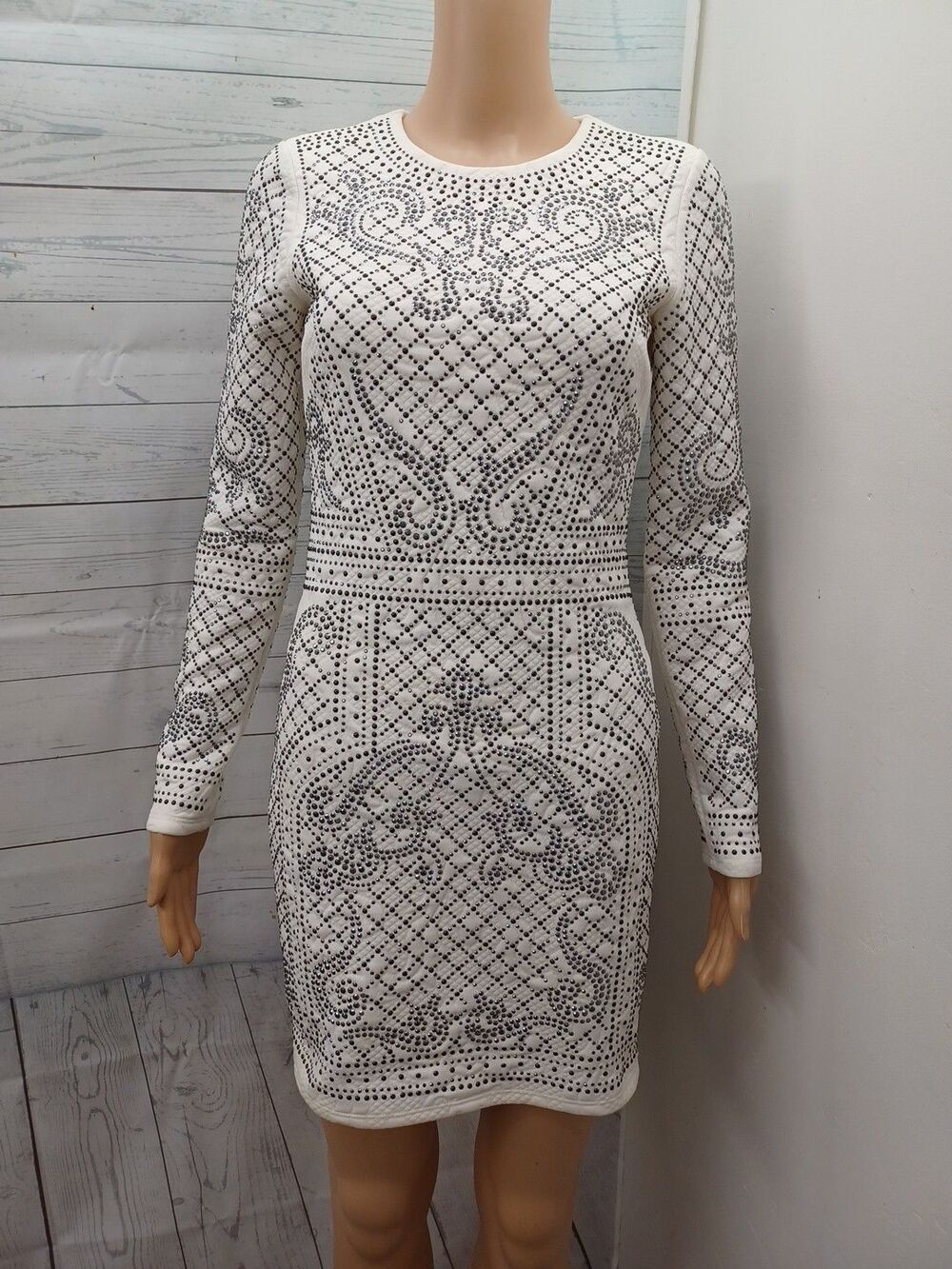 Bebe Addiction Studded Embellished Dress Ivory Small S Studded Stretch